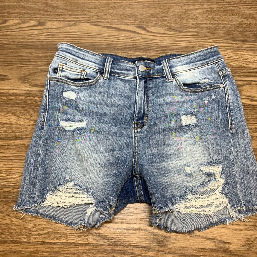Judy Blue Denim Shorts Distressed Frayed Hem Paint Splatter Detail Size L Large